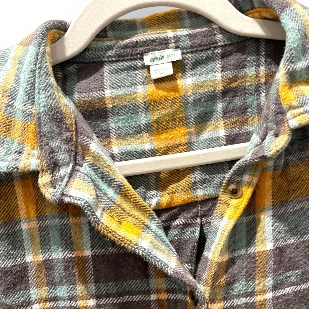 Aerie AE oversized flannel shirt shacket yellow gray  plaid boyfriend shirt | XS - Picture 3 of 8